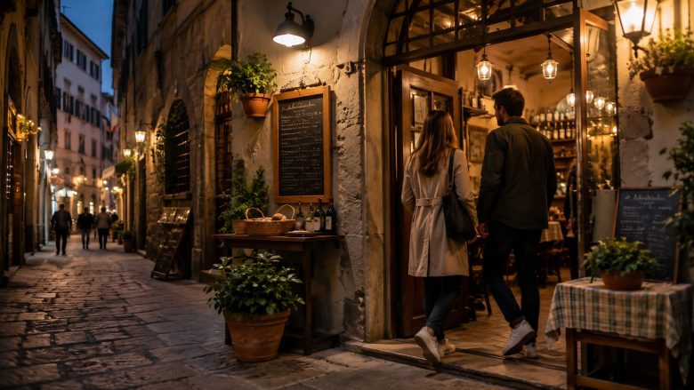 coppia giovane all'ingresso di un locale